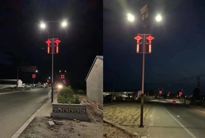 太陽能路燈亮燈效果 雙頭中國(guó)結(jié)路燈 南德太陽能燈飾有限公司